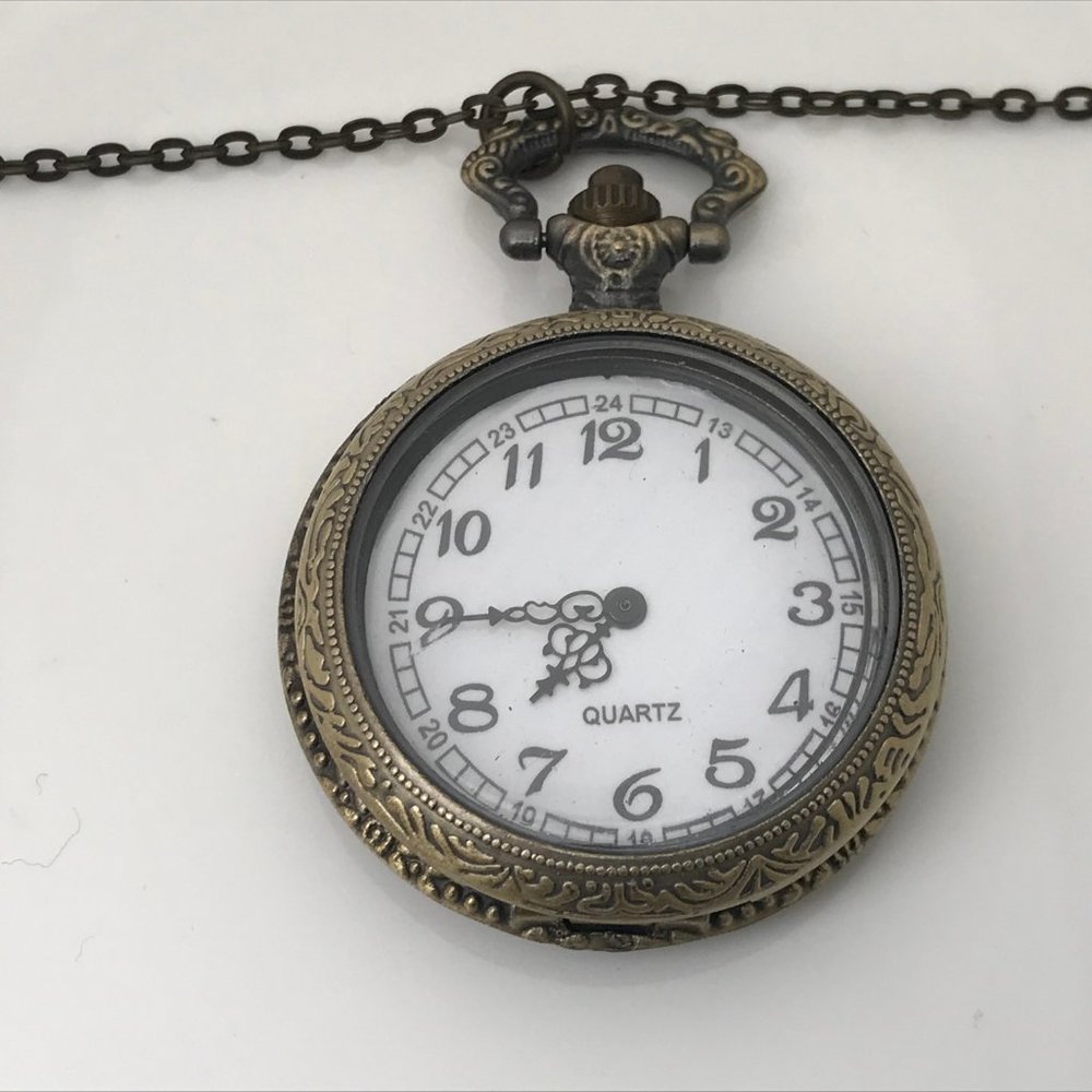 Pocket Watch Necklace Quartz Analog Brass Tone - Picture 12 of 12